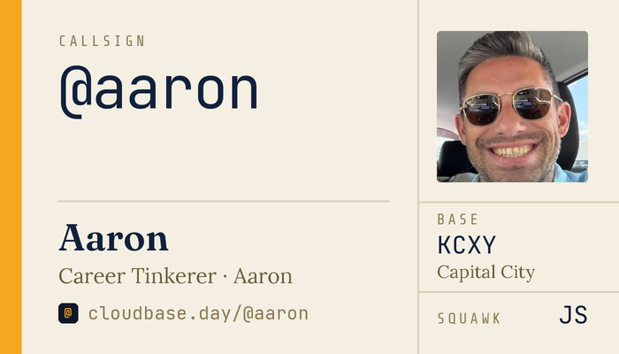 An example card, front: @aaron, Aaron, Career Tinkerer, base KCXY, squawk JS