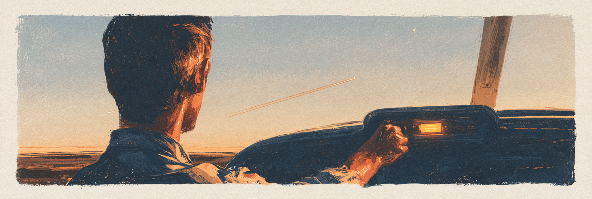 A painted view from just behind a pilot in a small plane at dawn, hand on the one softly glowing amber key on the panel, while a single straight contrail cuts across the pale sky toward the horizon.
