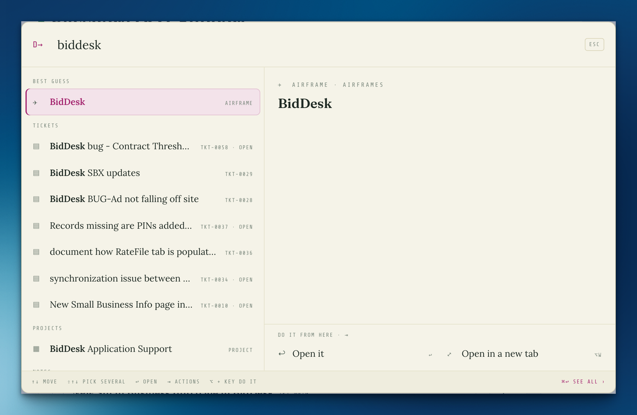Direct-to in the Sectional paper, searching 'biddesk': an airframe, six tickets and a project in one list.