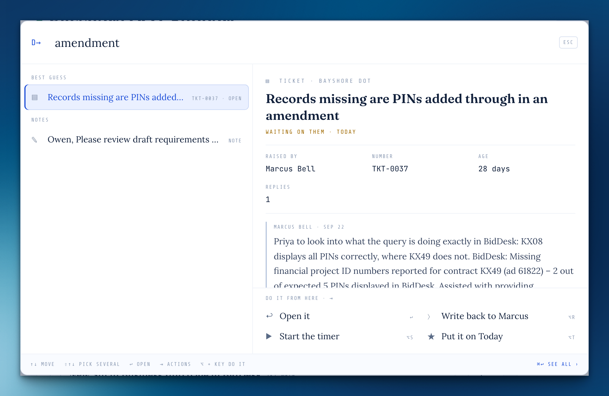 Direct-to searching 'amendment': the best guess is a ticket, previewed on the right with its status, who raised it, their message, and actions to open it, write back, start the timer, or put it on Today.