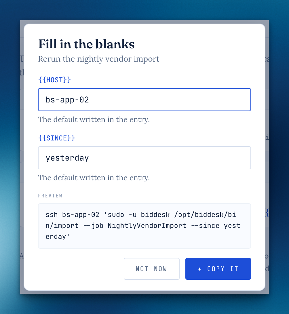 Fill in the blanks: HOST and SINCE come prefilled with the entry's defaults, and a preview shows the finished command before Copy it.