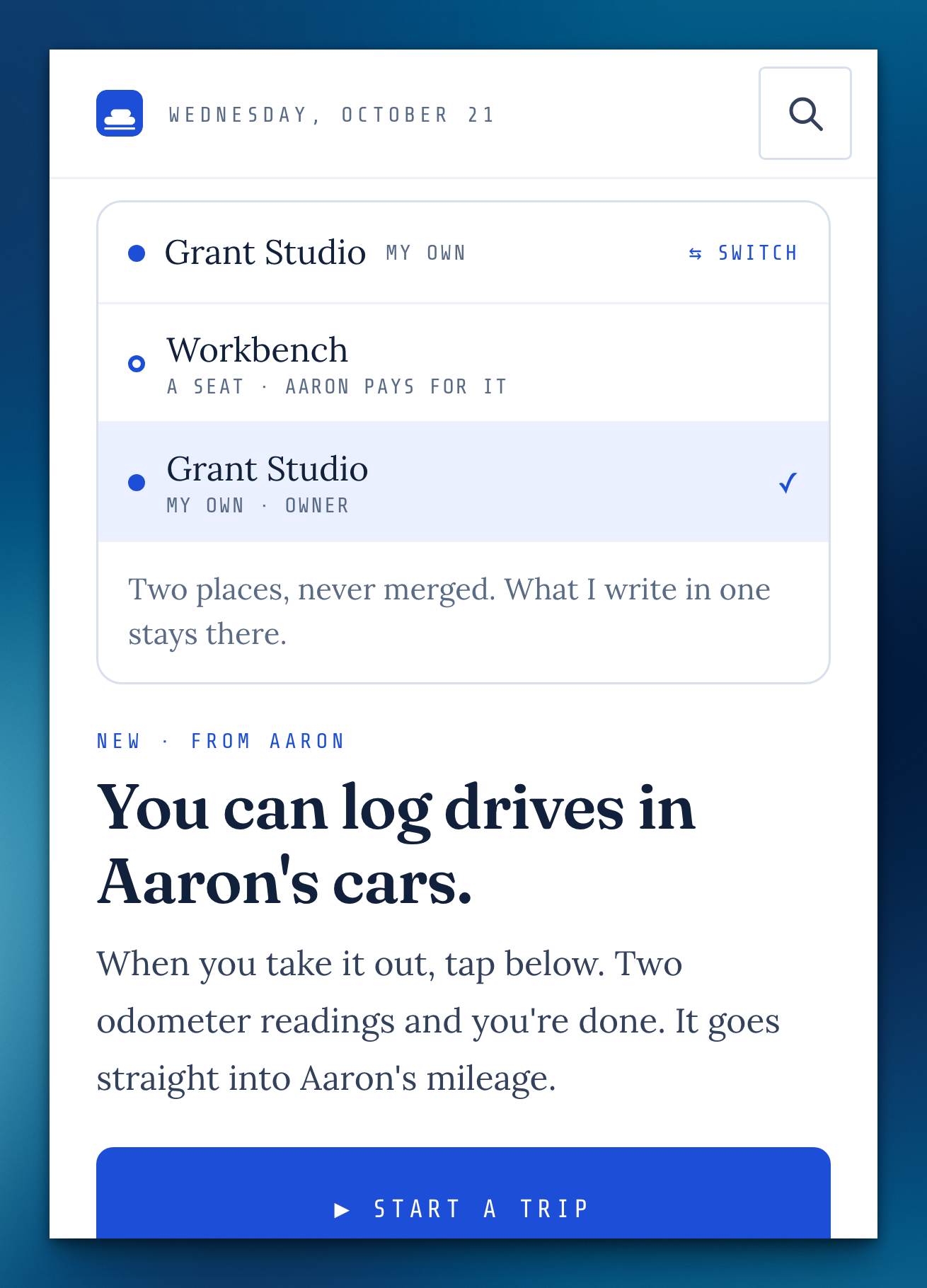 The phone's place menu: your own Cloudbase and a seat on someone else's, never merged.