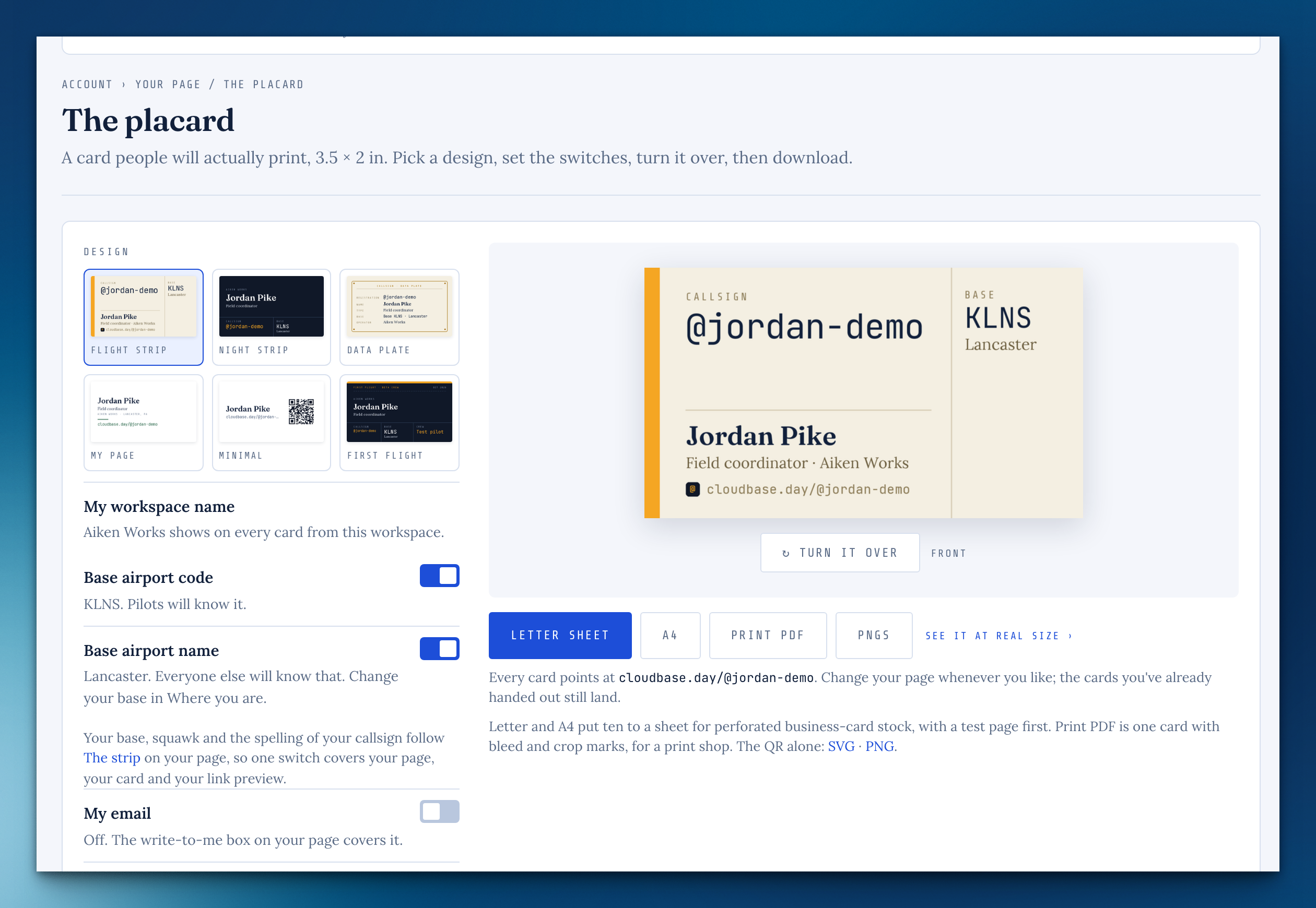 The placard page: six card designs to choose from, switches for what shows, and a large preview of a flight-strip card with the handle, base airport and page address.