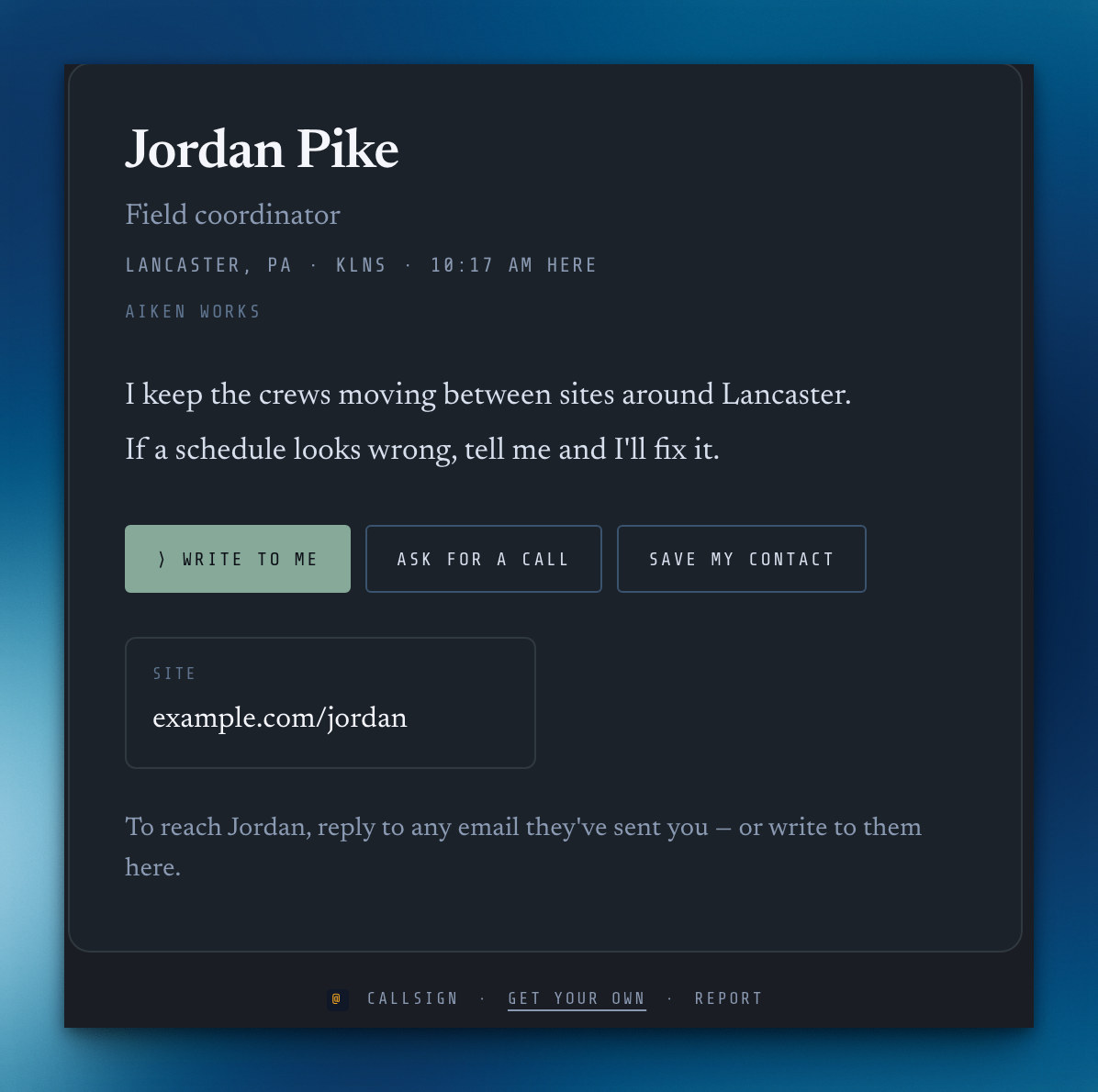 Jordan Pike's page in dark mode: a dark card with light text and a softened green Write to me button.
