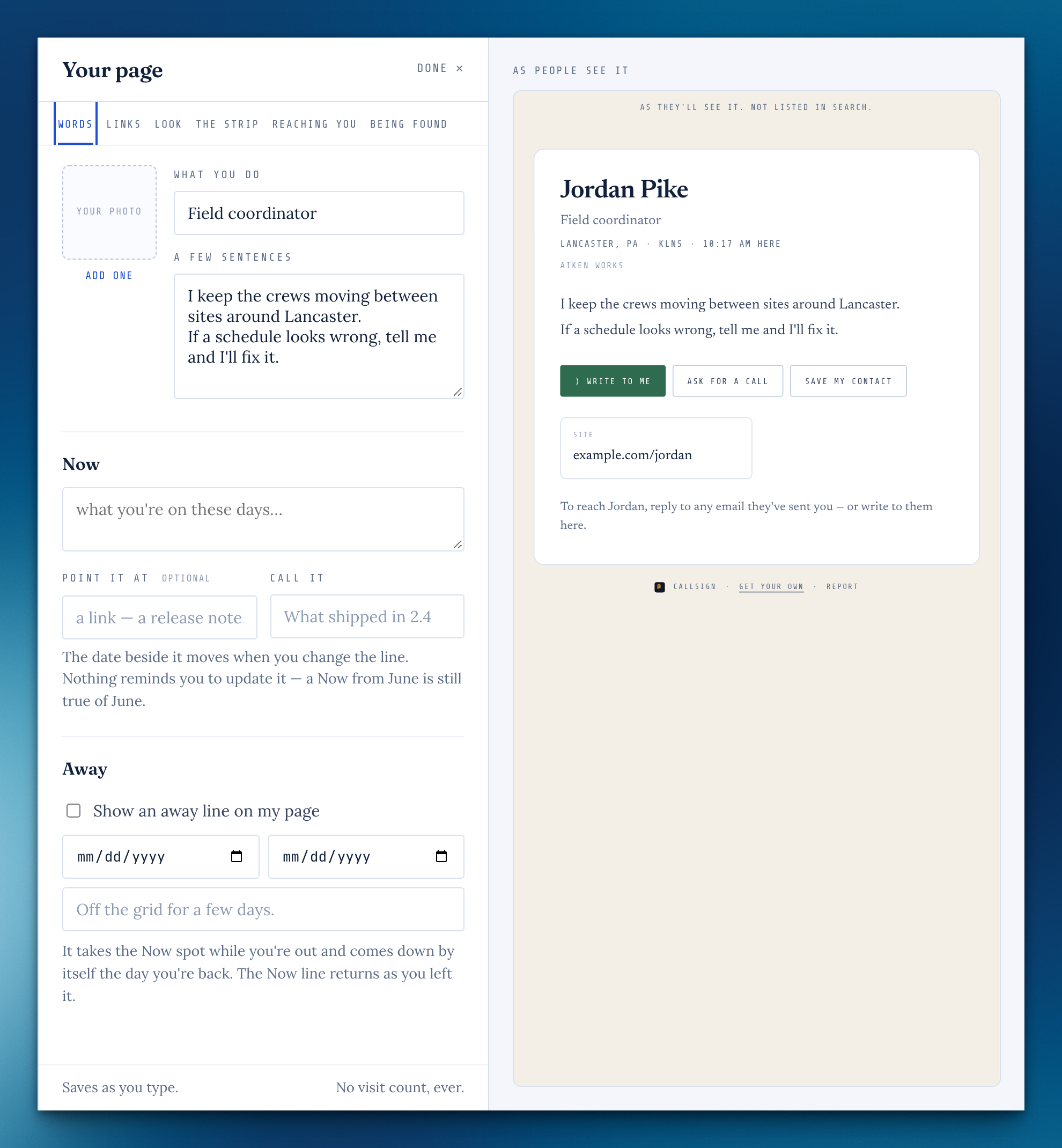 The page editor open on Words, with tabs for Links, Look, The strip, Reaching you and Being found, and a live preview of the page beside it.