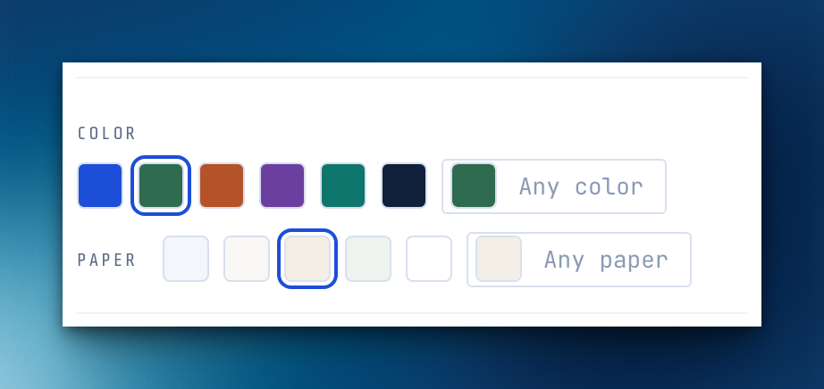 The Color and Paper swatches in Look, each ending in a color well labeled Any color and Any paper.