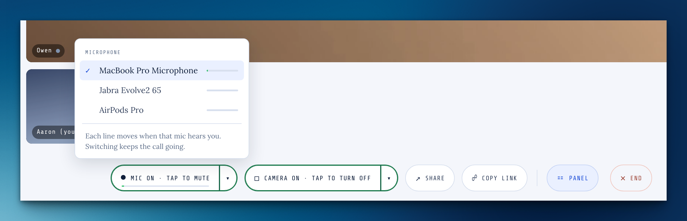 The microphone menu open from the call controls, listing three mics with the current one checked and a live level line beside each. The note reads ”Each line moves when that mic hears you. Switching keeps the call going.”