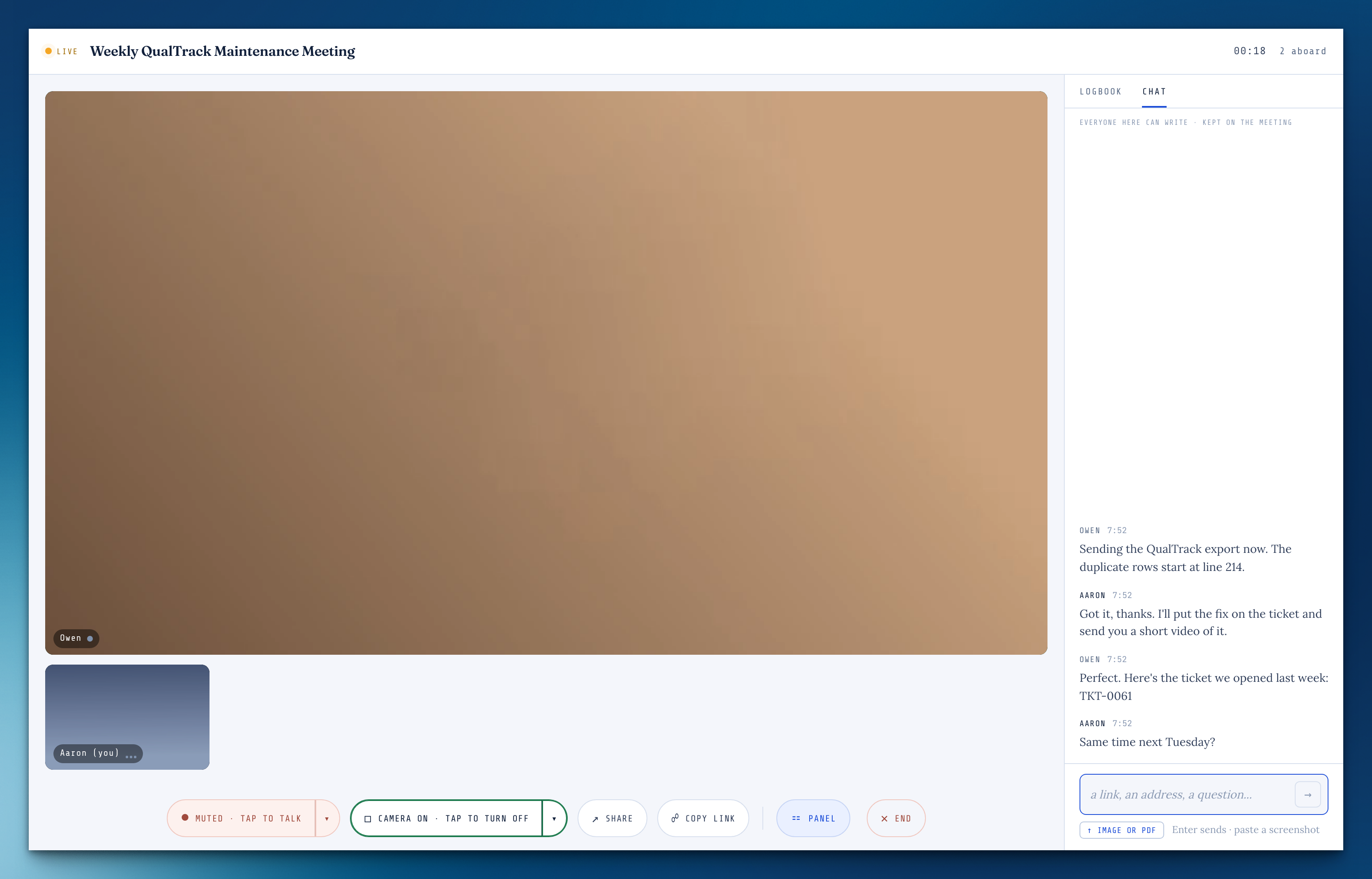 A Formation call in light theme with the chat open beside the video. Owen and Aaron trade a few lines: Owen is sending an export, Aaron says he'll put the fix on the ticket and send a short video, and they settle on the same time next Tuesday.